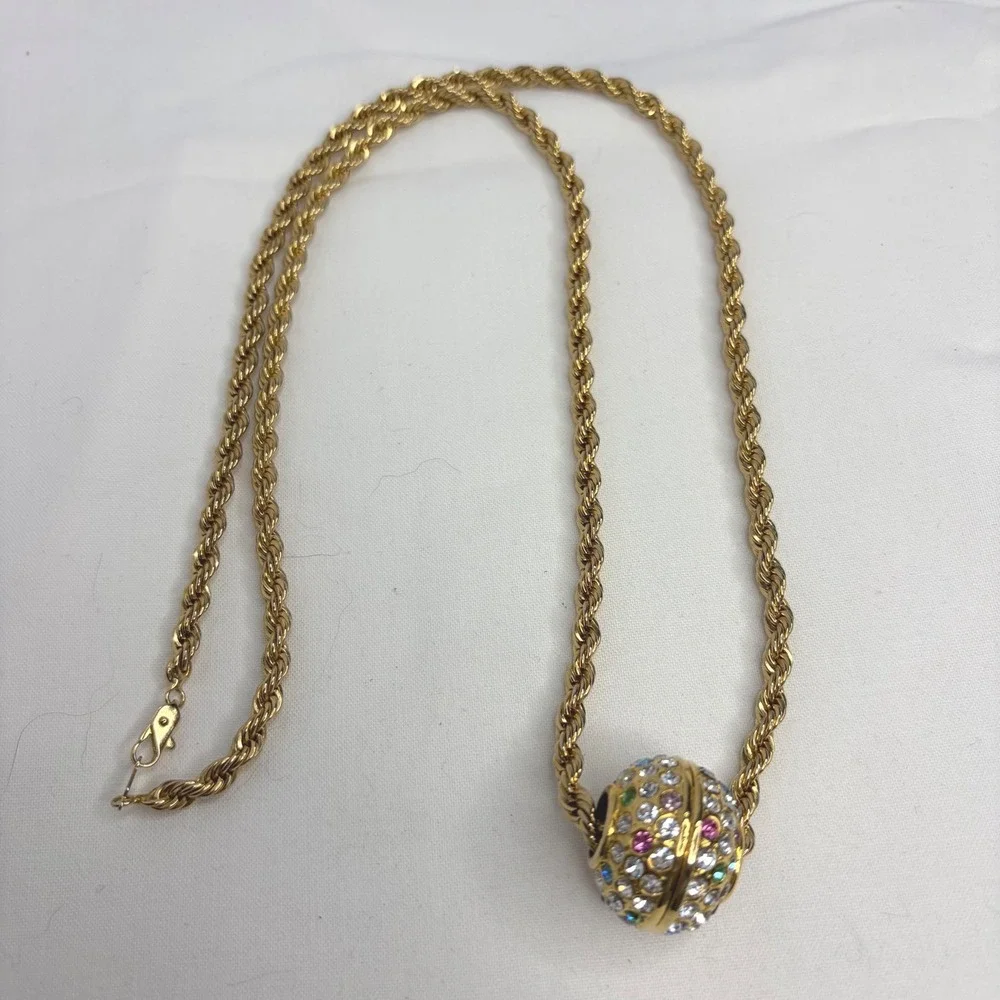 Gold Tone Rope Chain Multicolor Rhinestone Ball Slider Necklace Statement